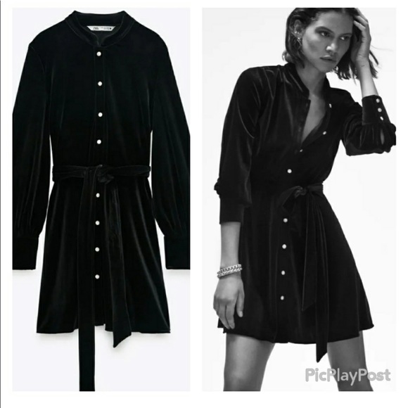 Zara Dresses & Skirts - Zara Black Velvet Button Down Tie Front Dress sz M